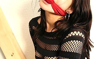 Restrained Brunette Is Fitted With A Bdsm, Boots, Clothed, Latex, Skirt